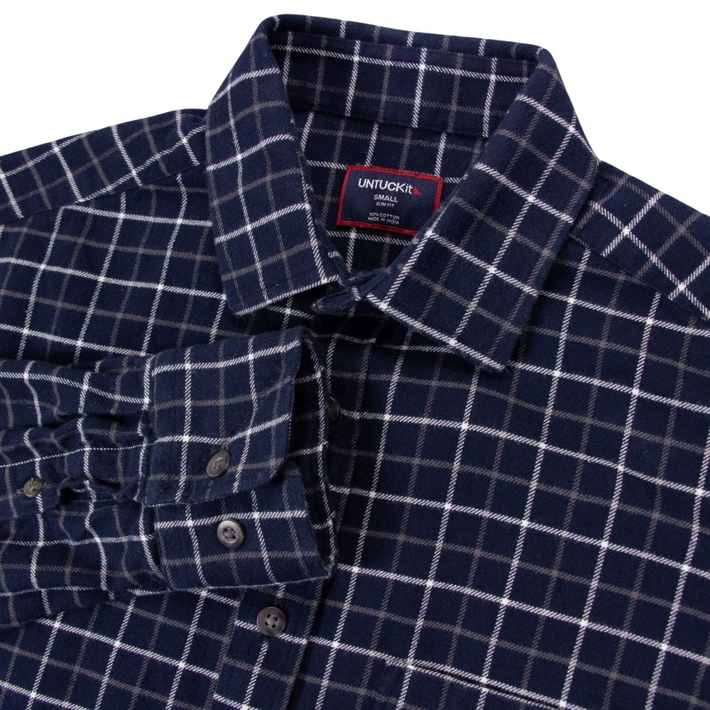 UNTUCKit Morisco Slim Fit Navy White Gray Plaid Button Down Shirt Mens Small